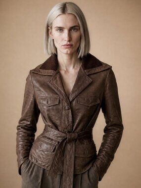 Women Eprit leather belt jacket buttons knit collar light brown